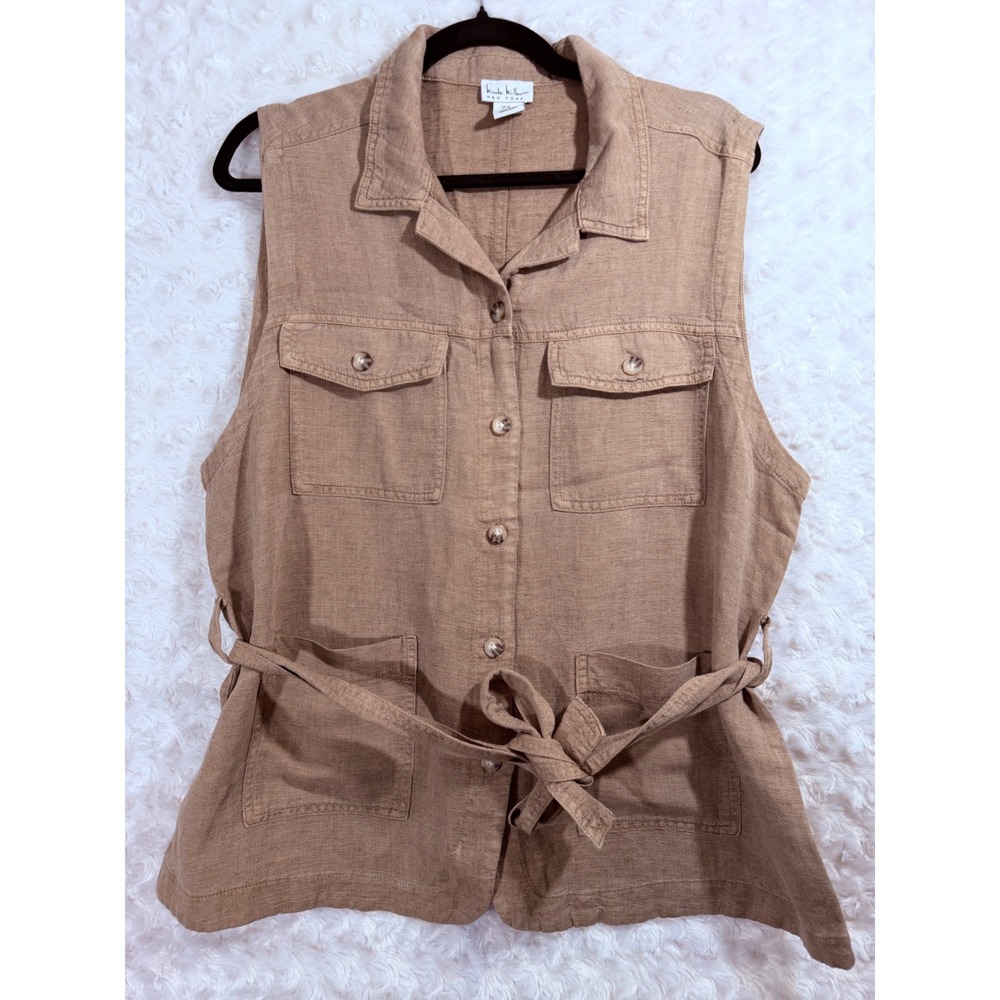Nicole Miller New York Women Size XL Tan Linen Blend Belted Vest Sleeveless Top